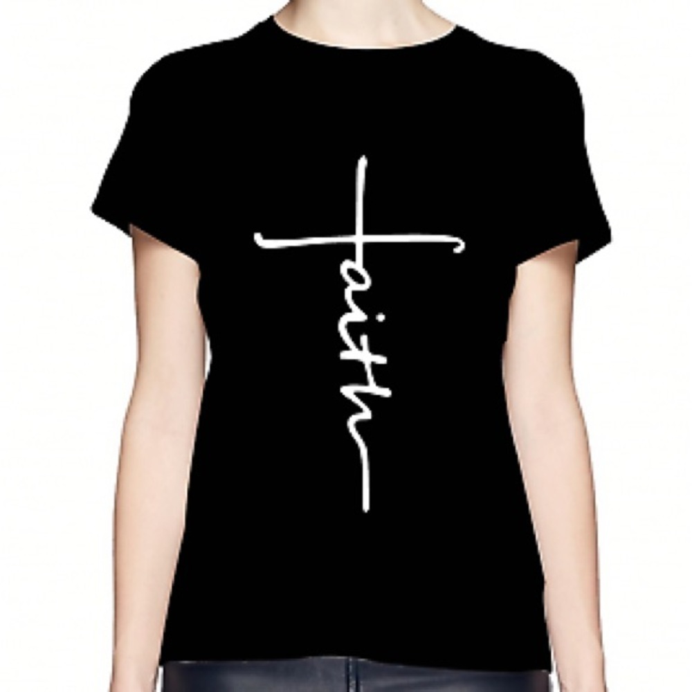 Black Brand Short Sleeve T-Shirt with Vertical Faith Script